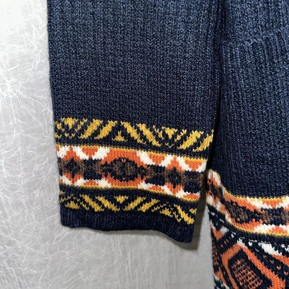 Lucky Brand Navy Orange White Gold Aztec Ribbed Knit Open Front Pocket Cardigan - Picture 5 of 12